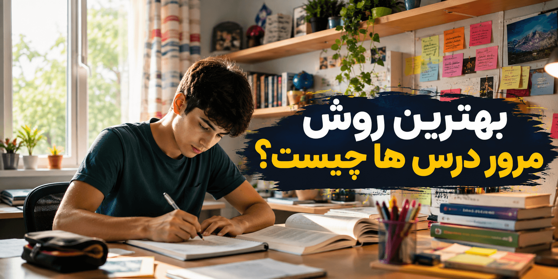 بهترین روش مرور درس‌ها چیست؛ دانش‌آموز در حال مرور درس و مطالعه پشت میز