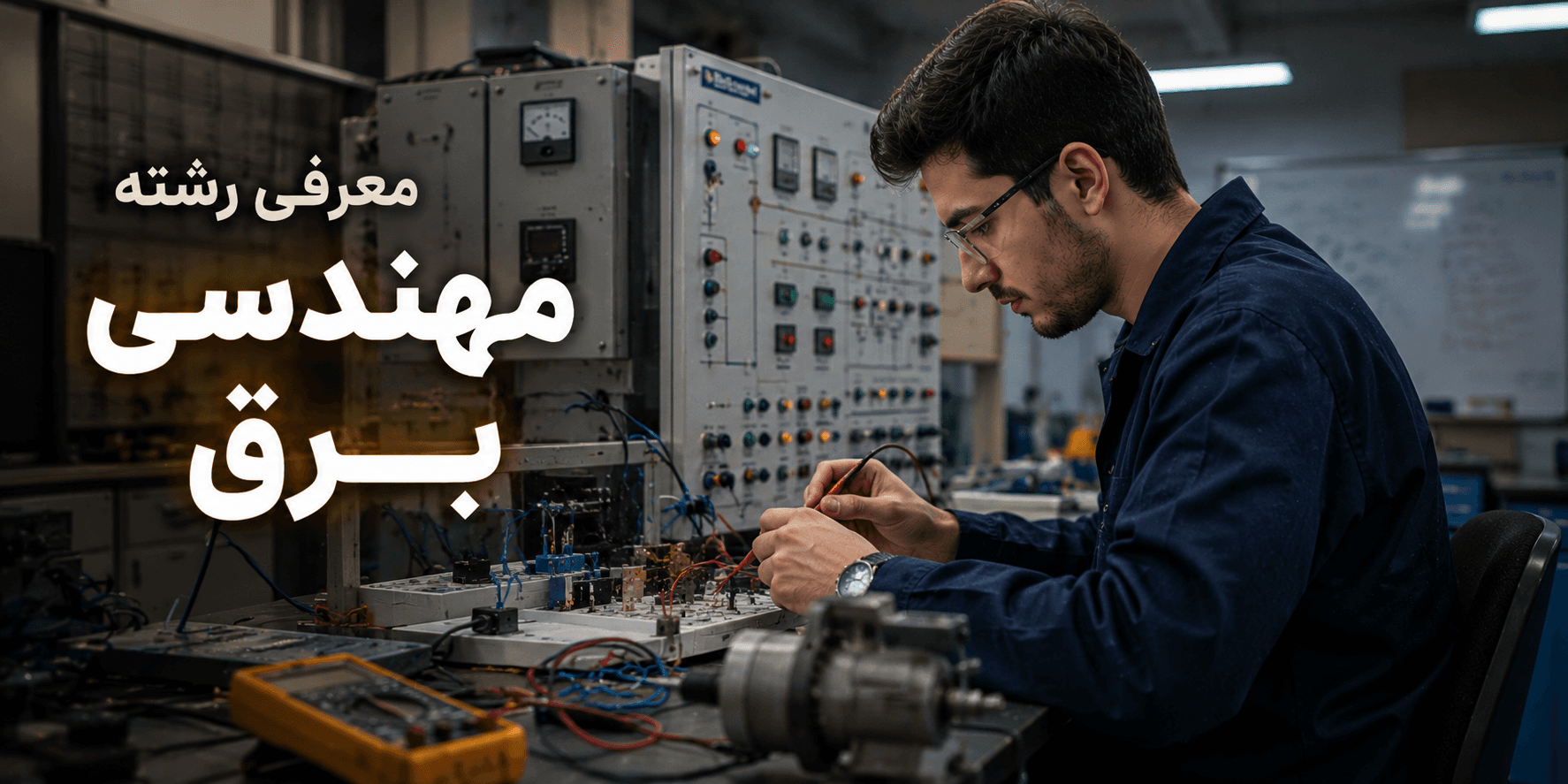 معرفی رشته مهندسی برق؛ دانشجوی مهندسی برق در حال آزمایش و بررسی مدارهای الکترونیکی در آزمایشگاه