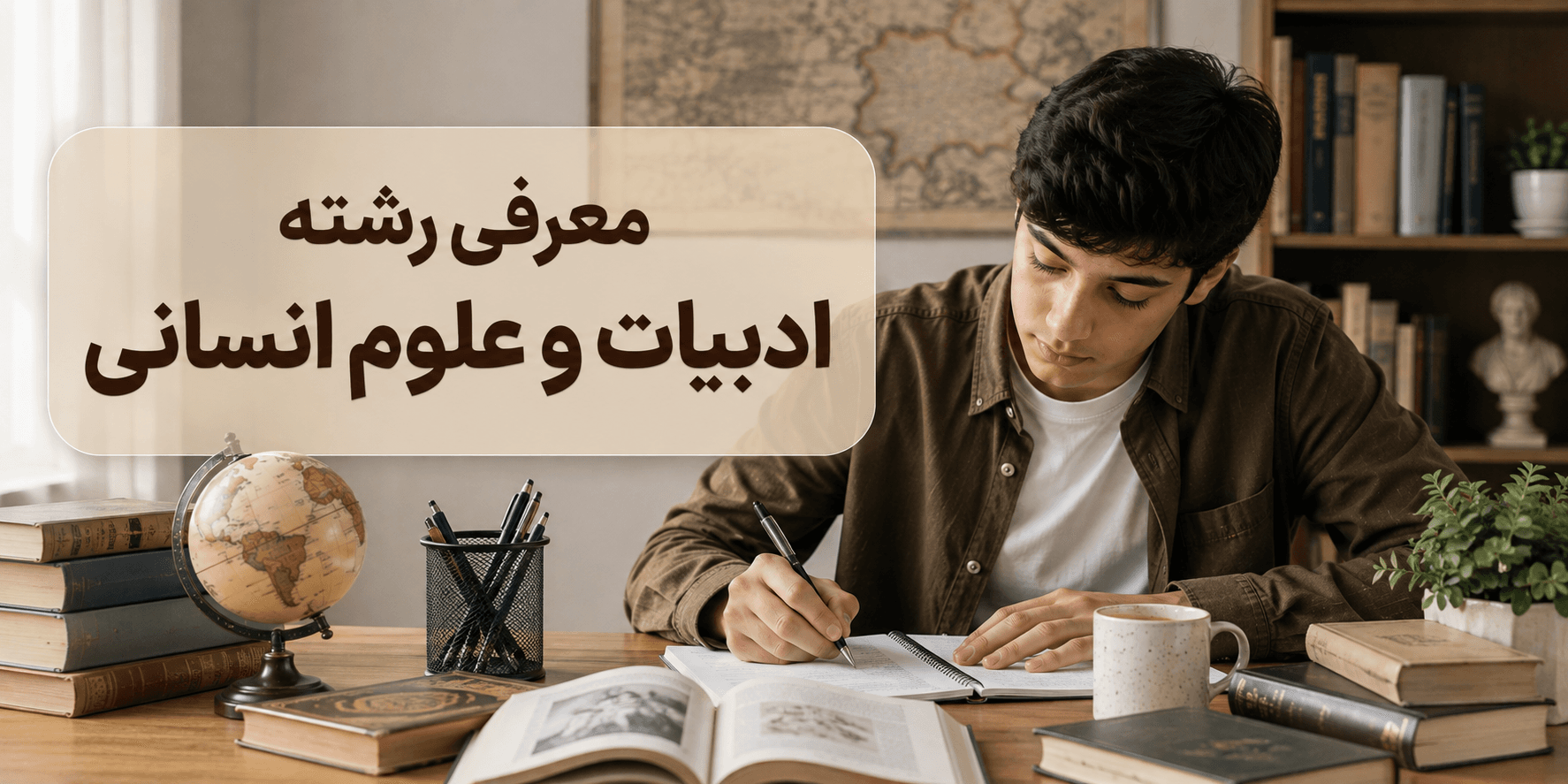 معرفی رشته ادبیات و علوم انسانی در دبیرستان؛ دانشآموز در حال مطالعه کتابهای ادبیات، تاریخ و علوم انسان