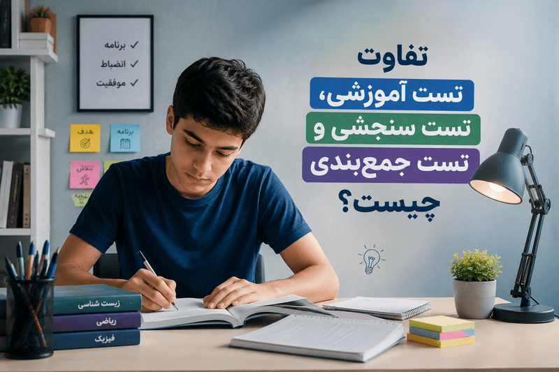 دانشآموز پسر در حال مطالعه و بررسی تفاوت تست آموزشی، تست سنجشی و تست جمعبندی