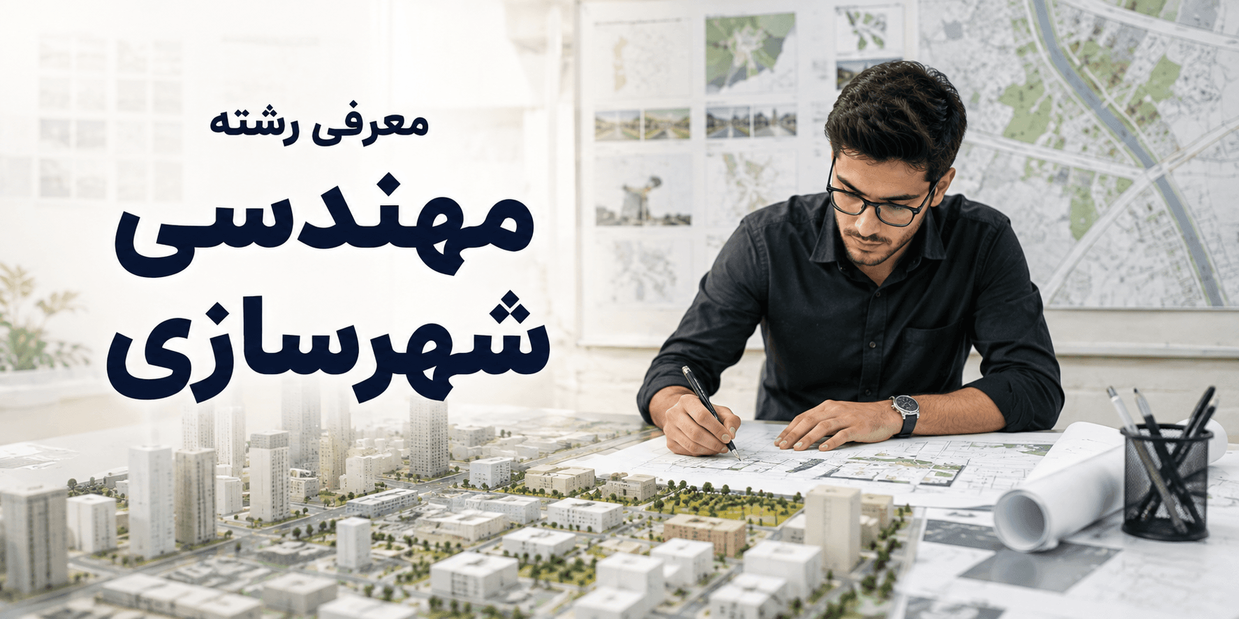 معرفی رشته مهندسی شهرسازی؛ شهرساز در حال بررسی نقشه و طراحی فضاهای شهری