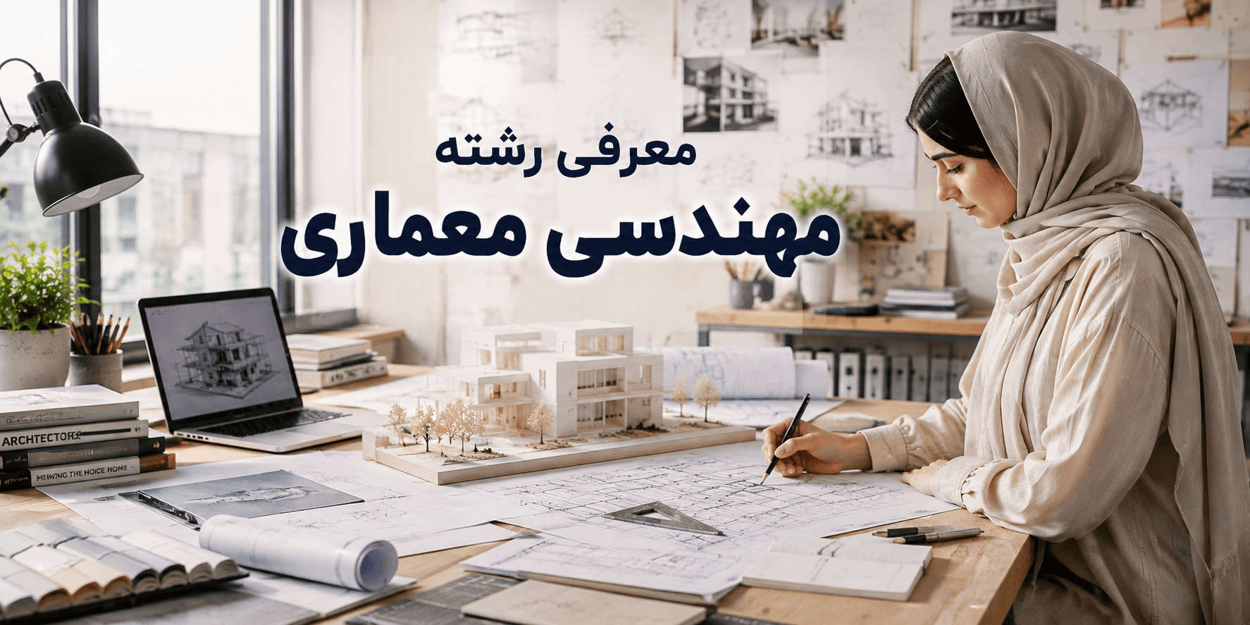 معرفی رشته مهندسی معماری؛ دانشجوی معماری در حال طراحی و بررسی ماکت ساختمان در استودیو