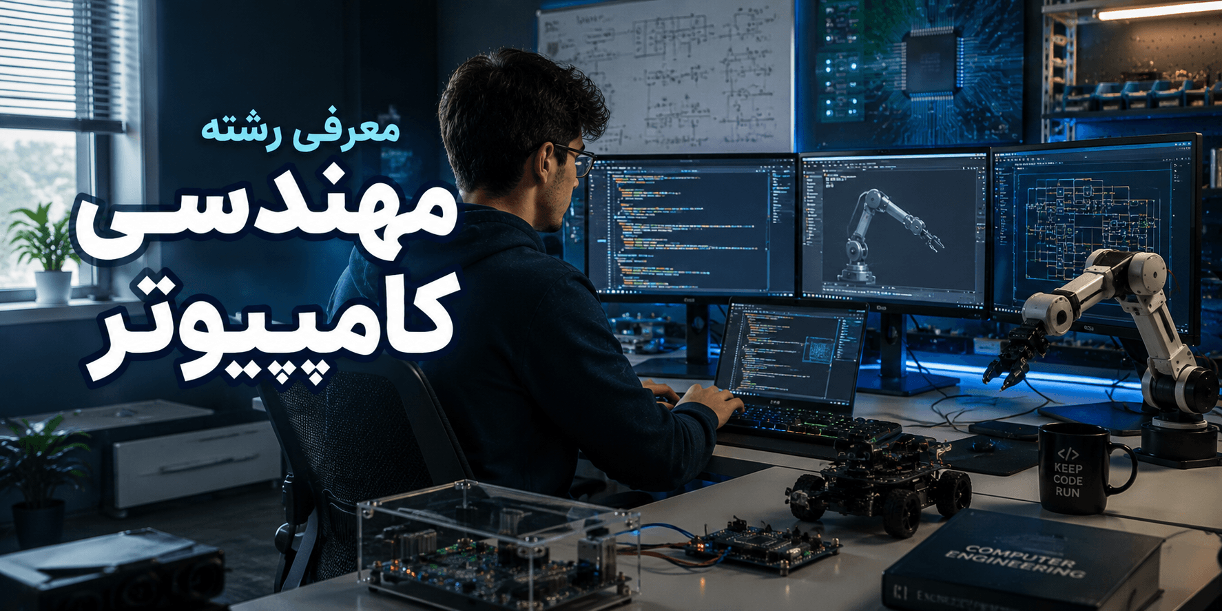 معرفی رشته مهندسی کامپیوتر؛ دانشجوی مهندسی کامپیوتر در حال برنامهنویسی و طراحی سیستمهای هوشمند در آزمایشگاه