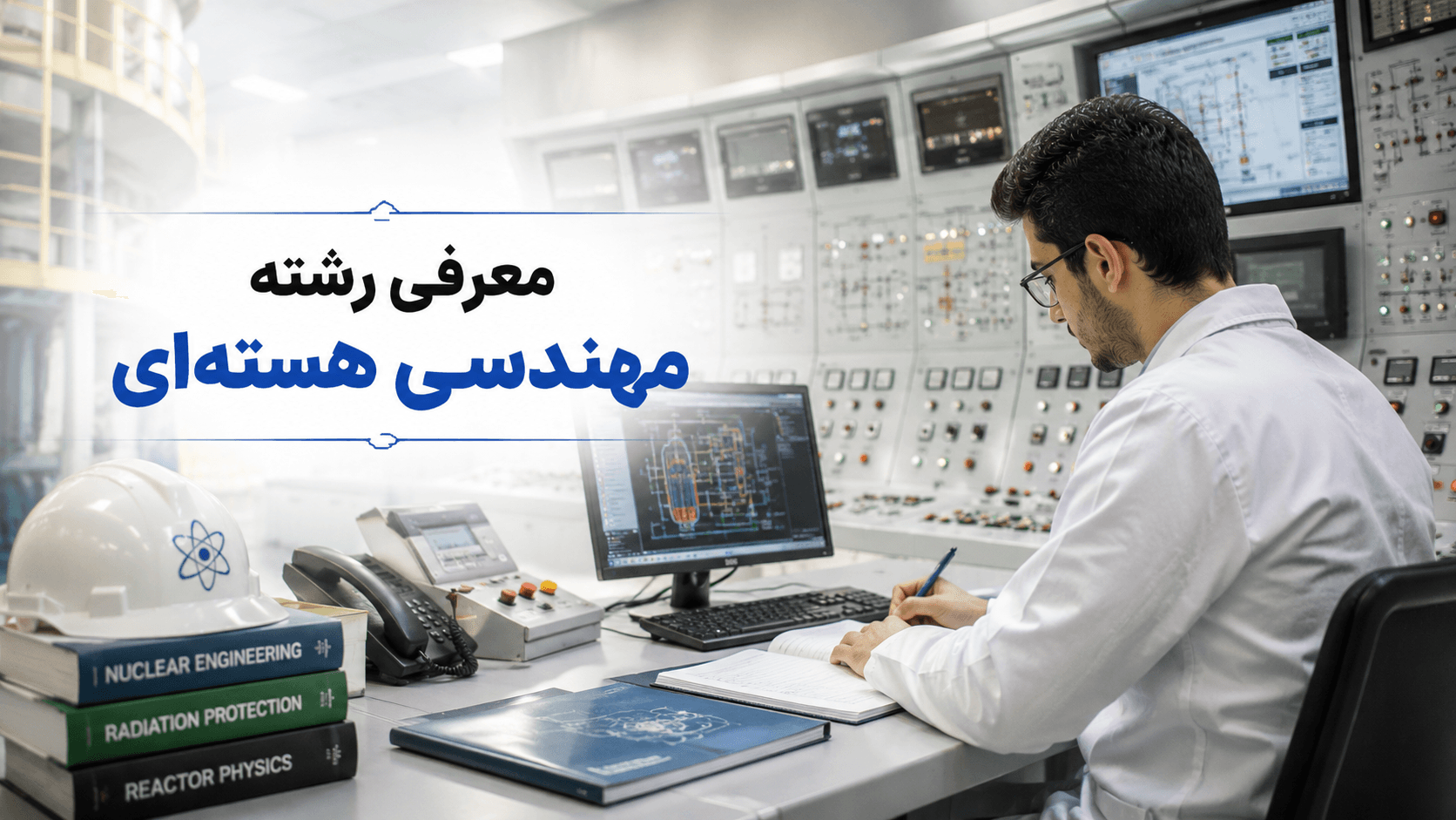 معرفی رشته مهندسی هستهای با نمایش مهندس در یک اتاق کنترل تخصصی و تجهیزات مرتبط با فناوری هستهای.