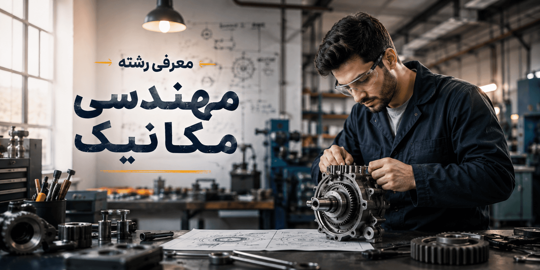 معرفی رشته مهندسی مکانیک؛ دانشجوی مهندسی مکانیک در حال مونتاژ و بررسی قطعات صنعتی در کارگاه