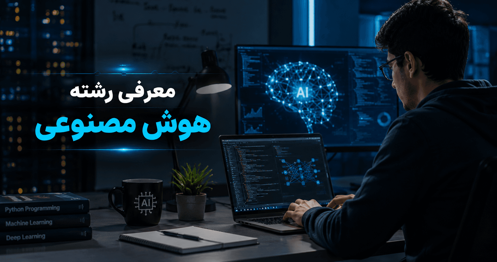 معرفی رشته هوش مصنوعی با نمایش دانشآموز در محیطی مدرن و روشن، همراه با رایانه و عناصر مرتبط با هوش مصنوعی و فناوری.
