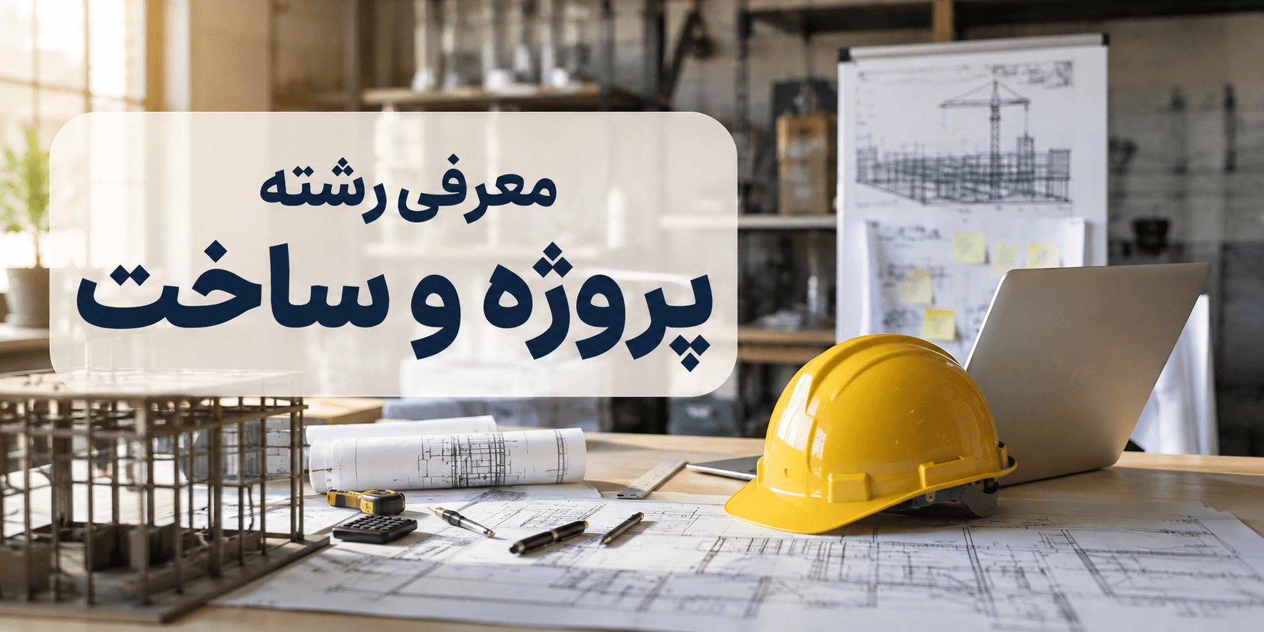 معرفی رشته مدیریت پروژه و ساخت؛ فضای کاری مهندسی با نقشههای ساختمانی، کلاه ایمنی، لپتاپ و مدل سازه برای نمایش
