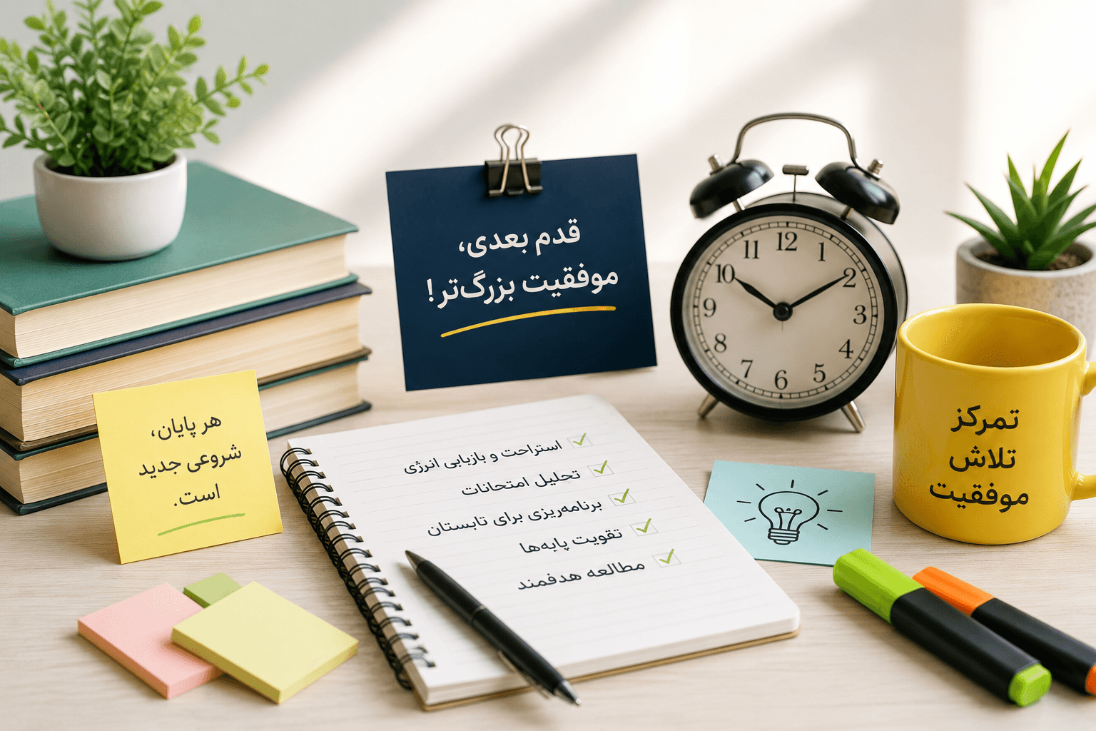 ساعت و میز مطالعه و دفتر و کاغذ