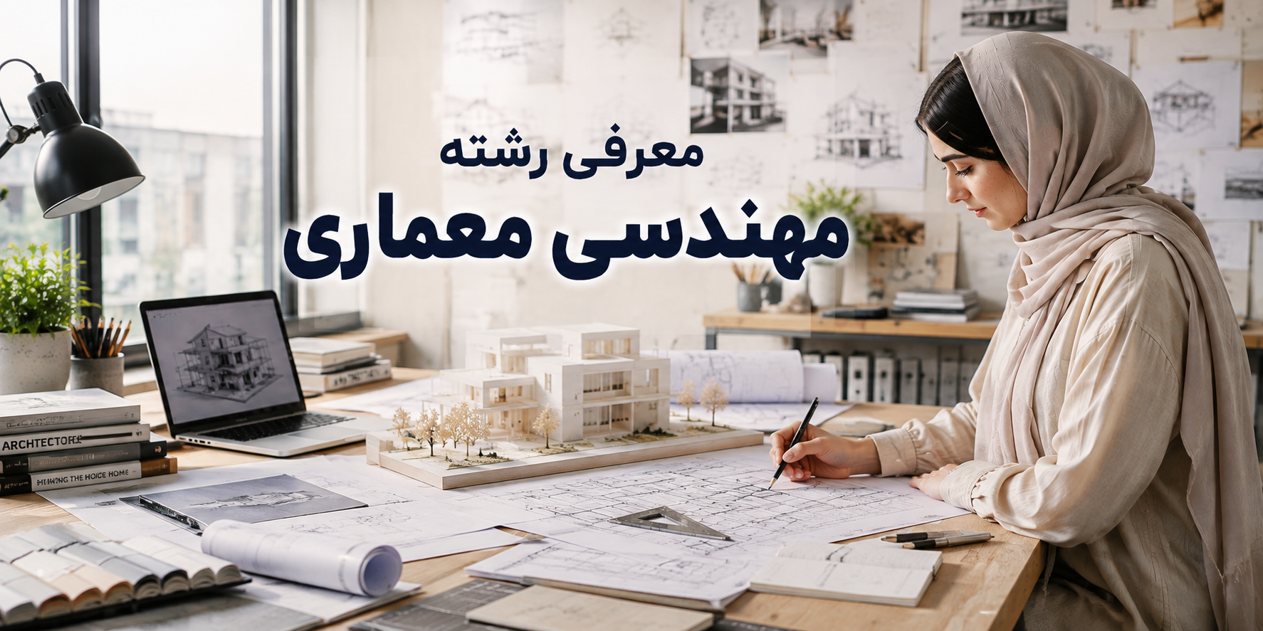 معرفی رشته مهندسی معماری؛ دانشجوی معماری در حال طراحی و بررسی ماکت ساختمان در استودیو